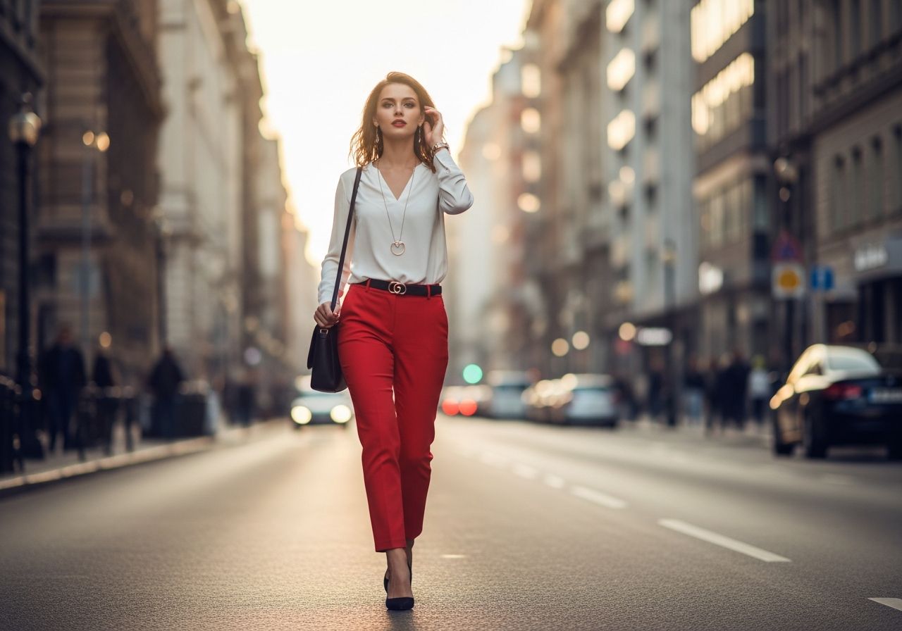 Mladá žena v červených kalhotách a bílé blůze kráčí po rušné městské ulici za zlaté hodiny.