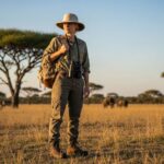 Osoba na safari ve zlaté savaně s dalekohledem, akácie a divoká zvířata v pozadí.