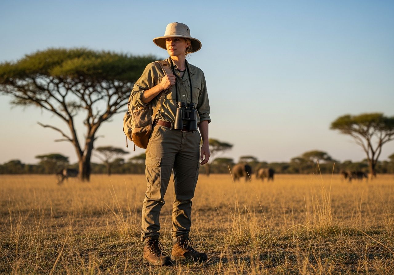Osoba na safari ve zlaté savaně s dalekohledem, akácie a divoká zvířata v pozadí.