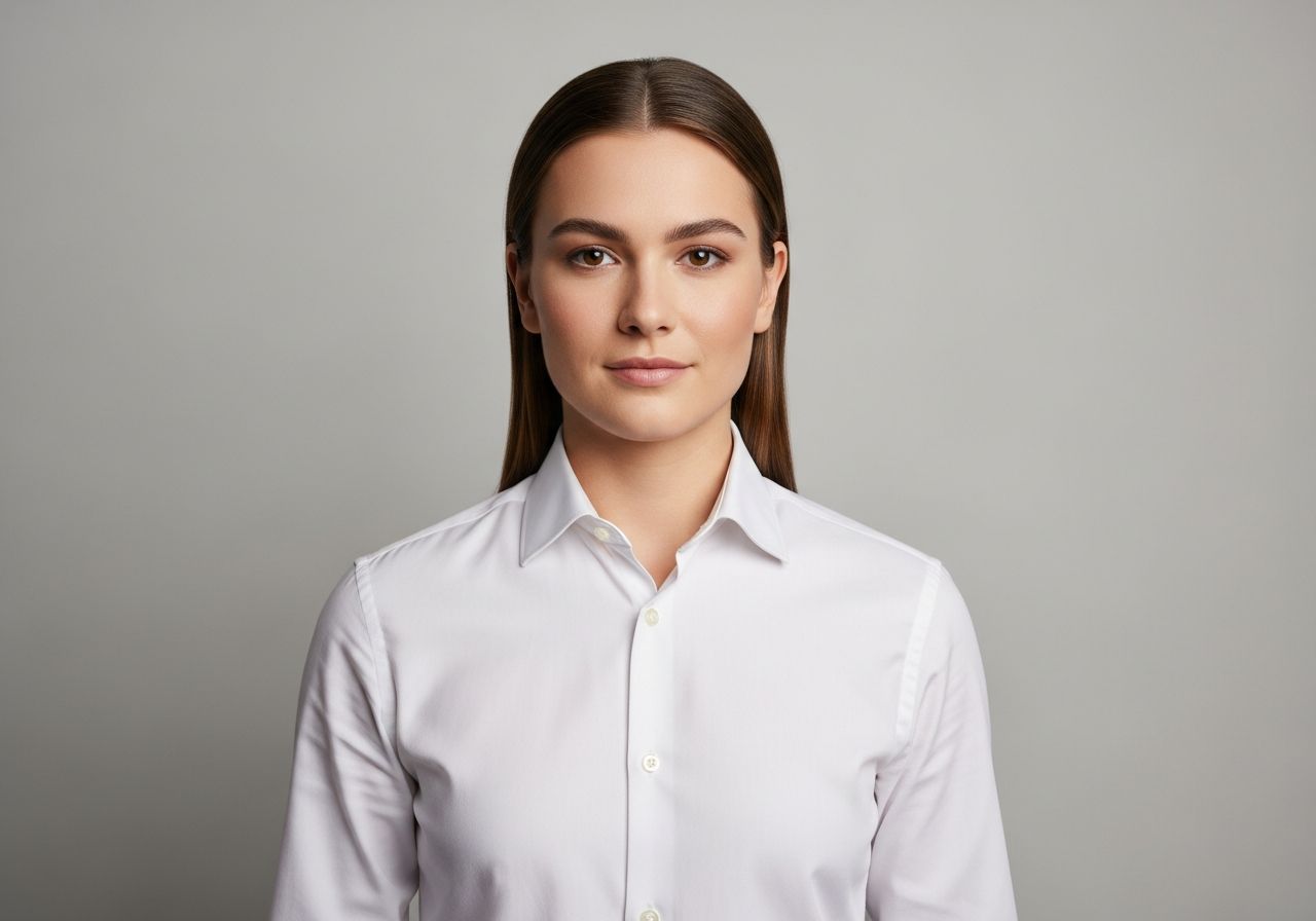 Mladý dospělý v bílé košili na šedém pozadí, pózuje pro profesionální portrét zobrazený od hrudníku nahoru