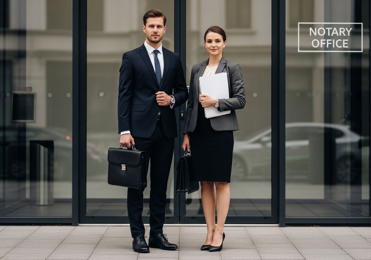 Muž a žena před moderní notářskou kanceláří drží dokumenty a aktovky, profesionální vzhled.