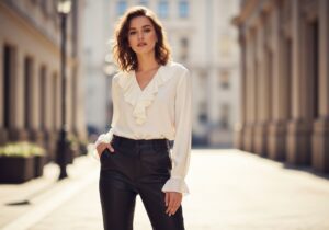 Mladá žena v černých kožených kalhotách a krémové blůze stojí ve městě, pozadí rozmazané.