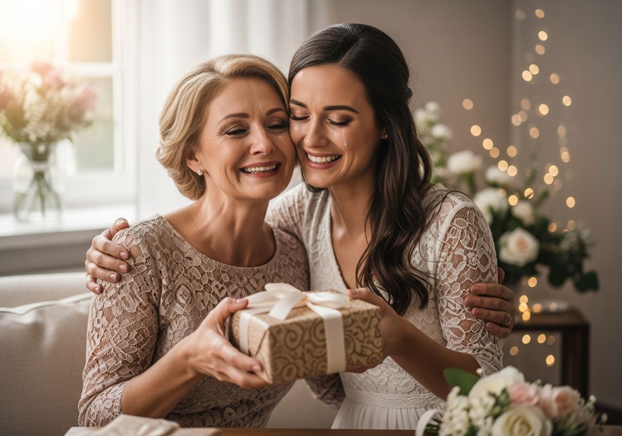 Středněvěká žena dostává svatební dar od dcery, oba se usmívají v útulném prostředí.