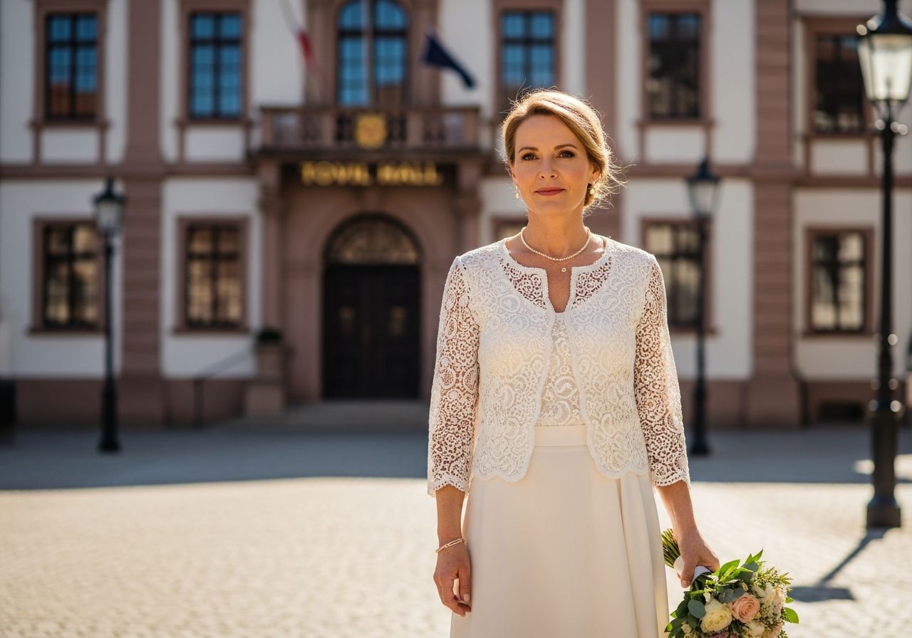 Elegantní žena u historické radnice drží kytici, připravena na civilní svatbu za denního světla.