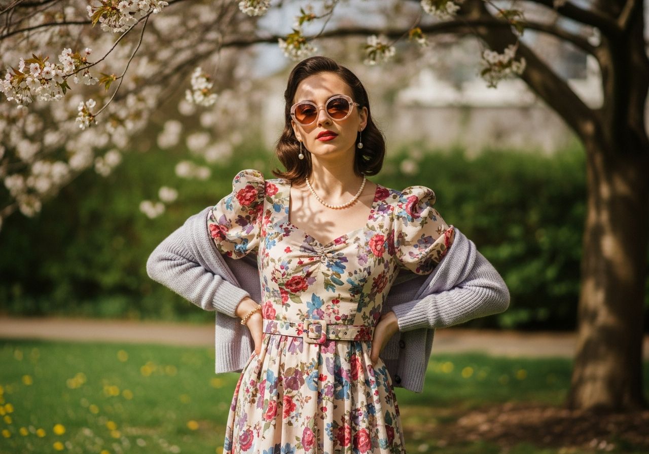 Mladá žena v jarním vintage oblečení mezi kvetoucími třešněmi s jemným světlem.