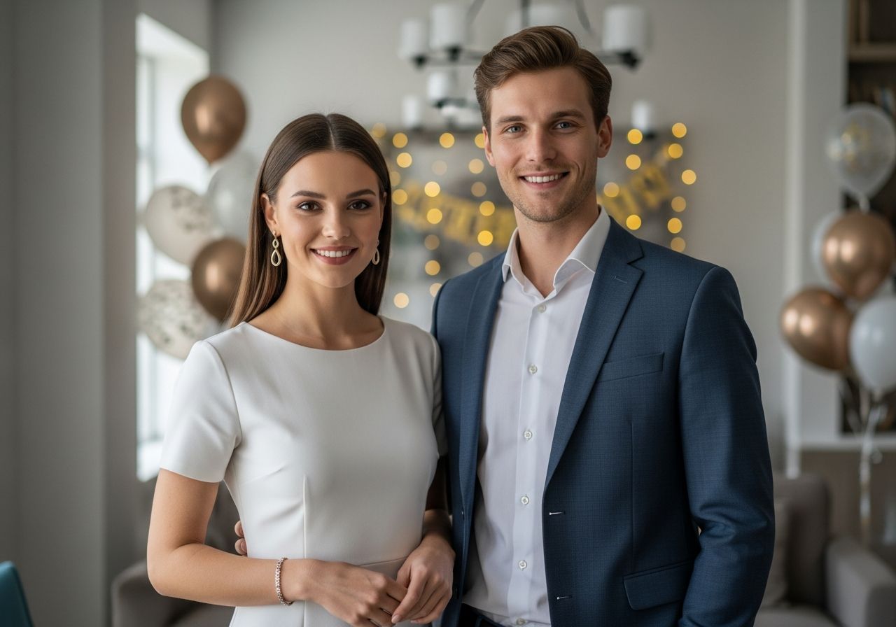 Mladý pár v elegantním oblečení slaví přijetí v moderním obývacím pokoji s oslavnými dekoracemi.