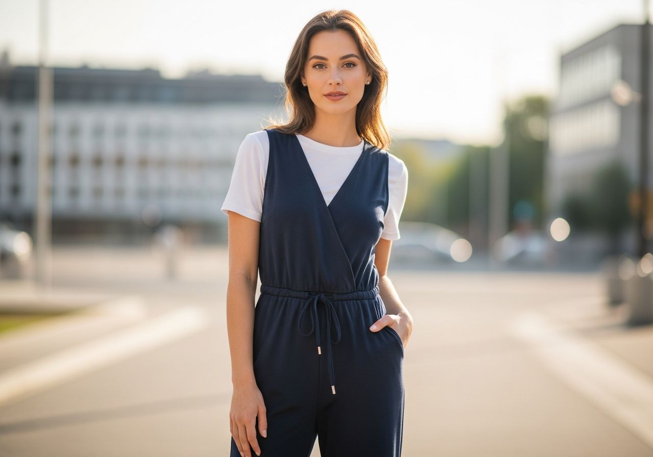 Mladá žena v pohodlném overalu stojí venku na rozmazaném městském pozadí, přírodní světlo.
