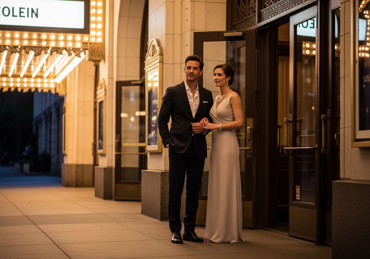 Elegantly oblečený pár čeká před vstupem do divadla s osvětlením a architekturou v pozadí.