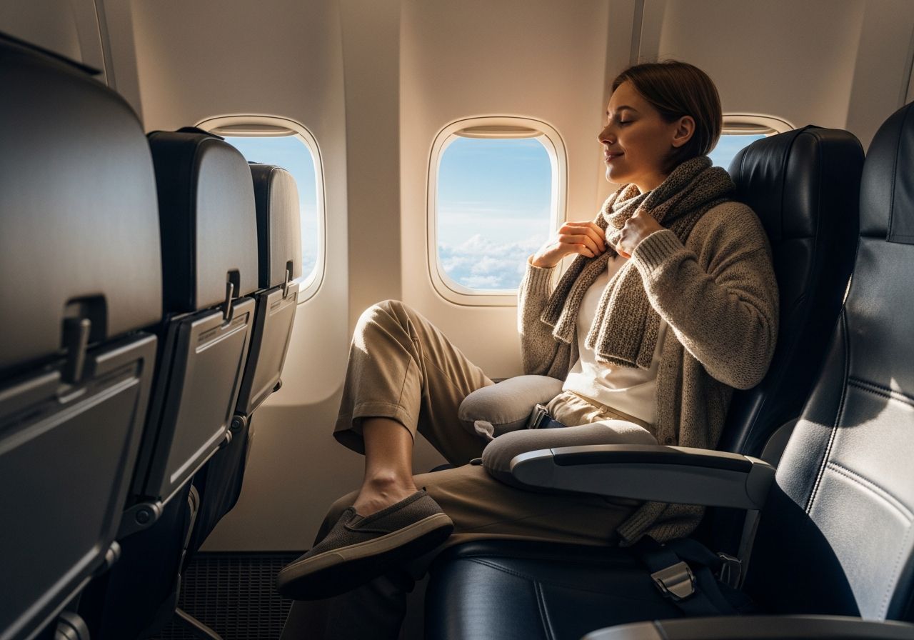 Mladý cestovatel sedí u okna v letadle, oblečený v lehké vrstvy, usmívá se a upravuje bundu.