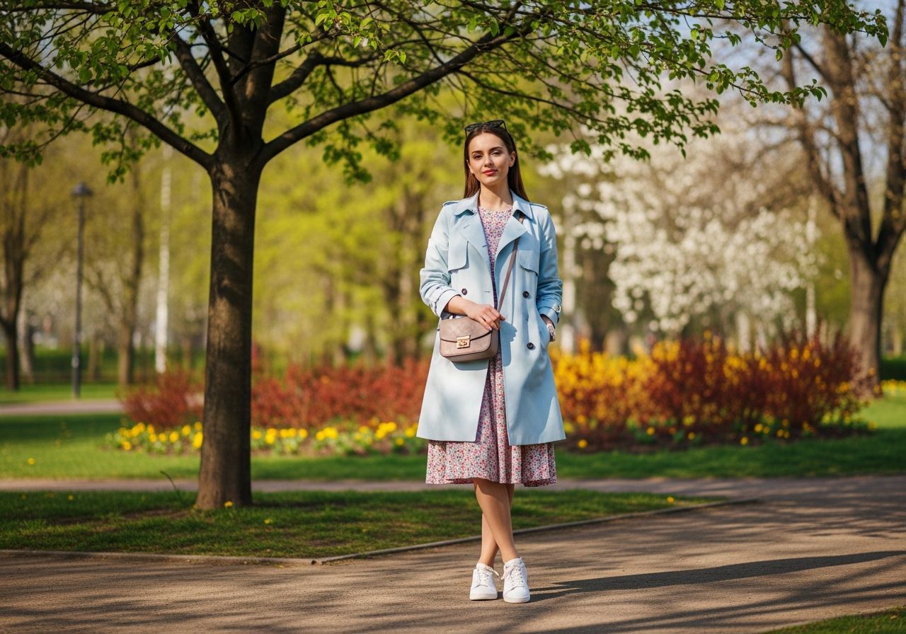 Mladá žena v pastelovém kabátě s bílými teniskami v městském parku na jaře.