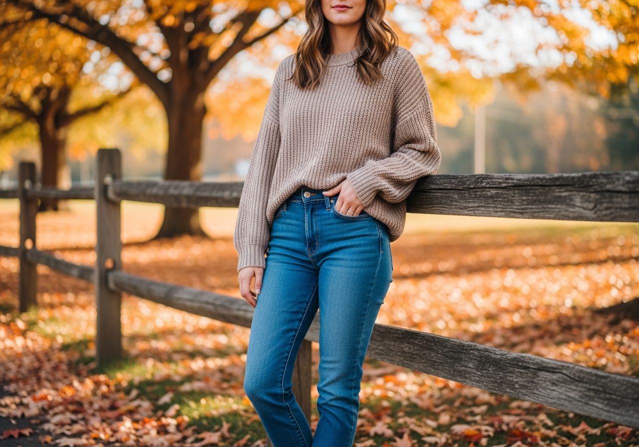 Mladá žena v džínách a svetru opírající se o dřevěný plot na podzimním slunci.