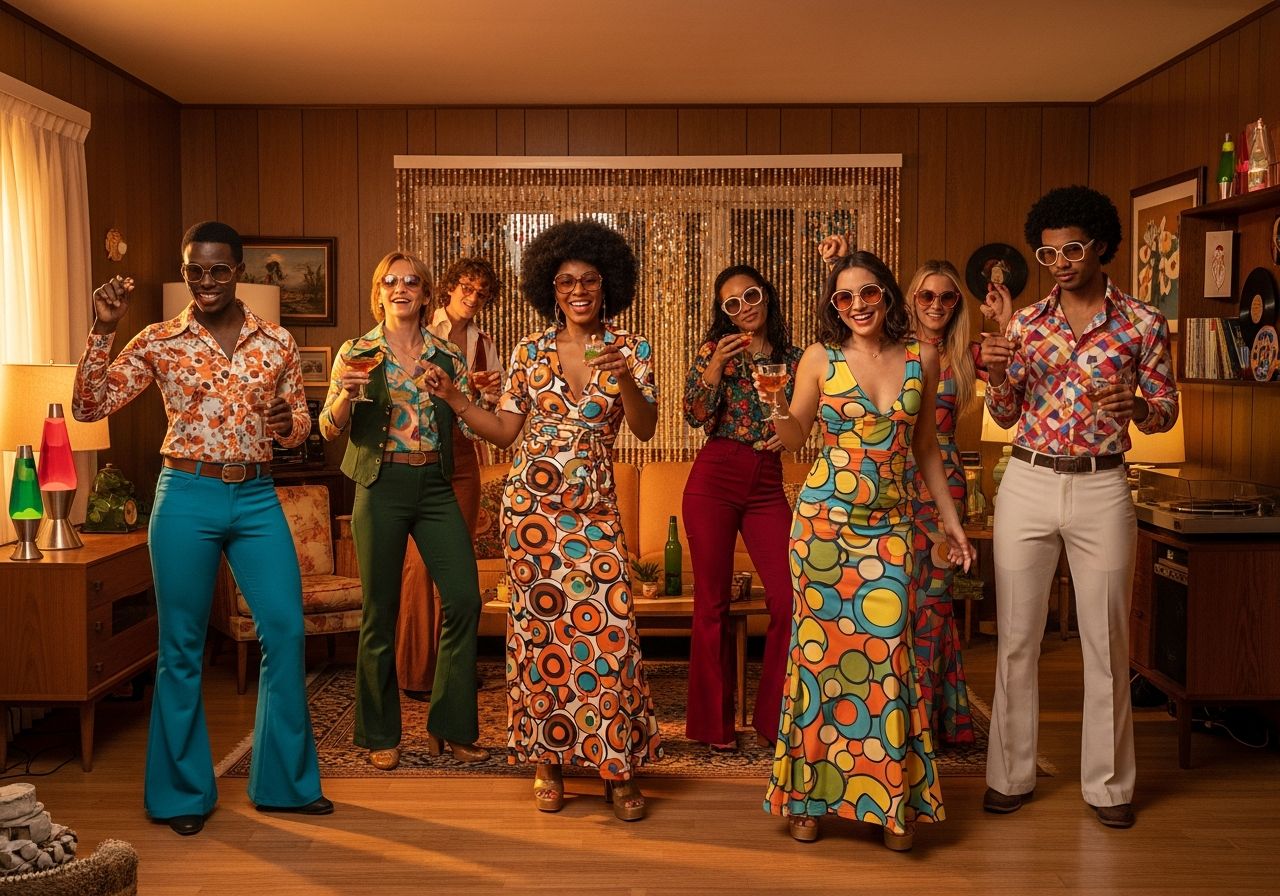 Skupina mladých lidí na tanečním večírku v 70. letech v retro oblečení v domě s retro dekoracemi