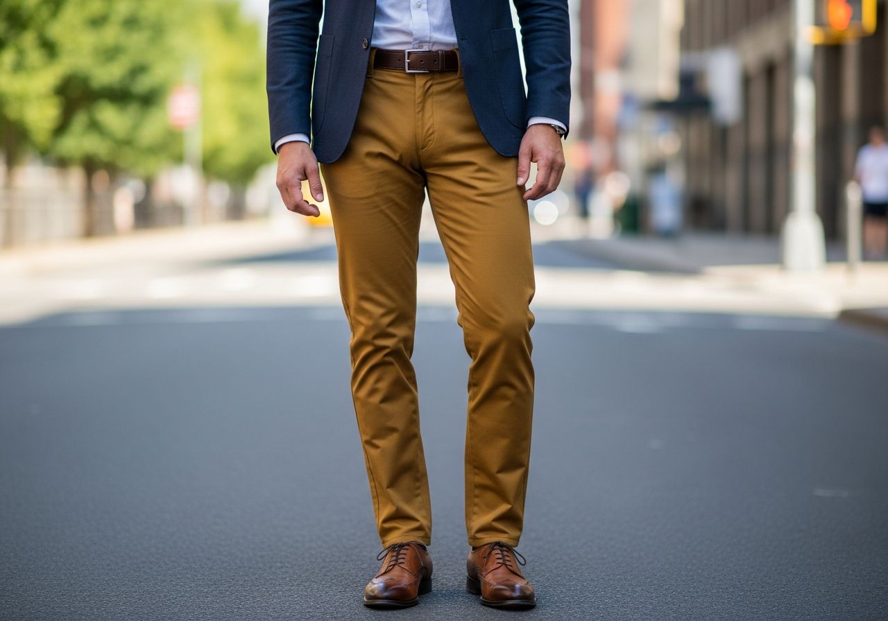 Stylový muž stojící ve městě v hořčicových kalhotách, bílé košili a modrém saku, hnědé kožené boty.
