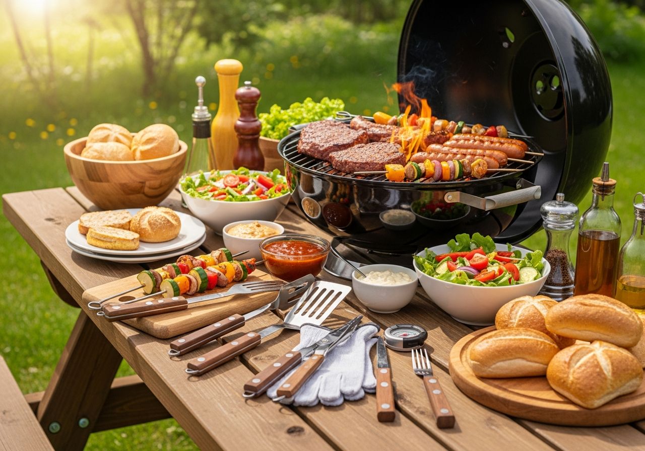 Dřevěný piknikový stůl s grilem, masem, zeleninou a grilovacími nástroji na zahradě za slunného dne