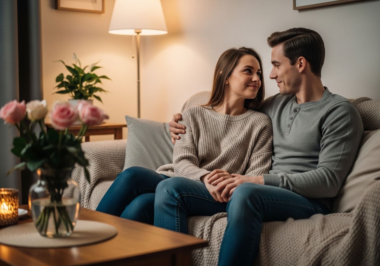 Mladý pár sedí blízko sebe na pohovce v osvětleném pokoji s růžemi na stole.