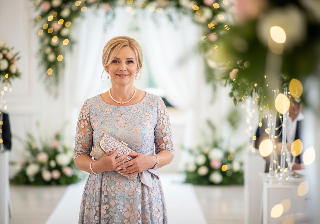 Žena v pastelových šatech držíc stylovou kabelku ve světlém svatebním prostoru s květinami a světýlky.