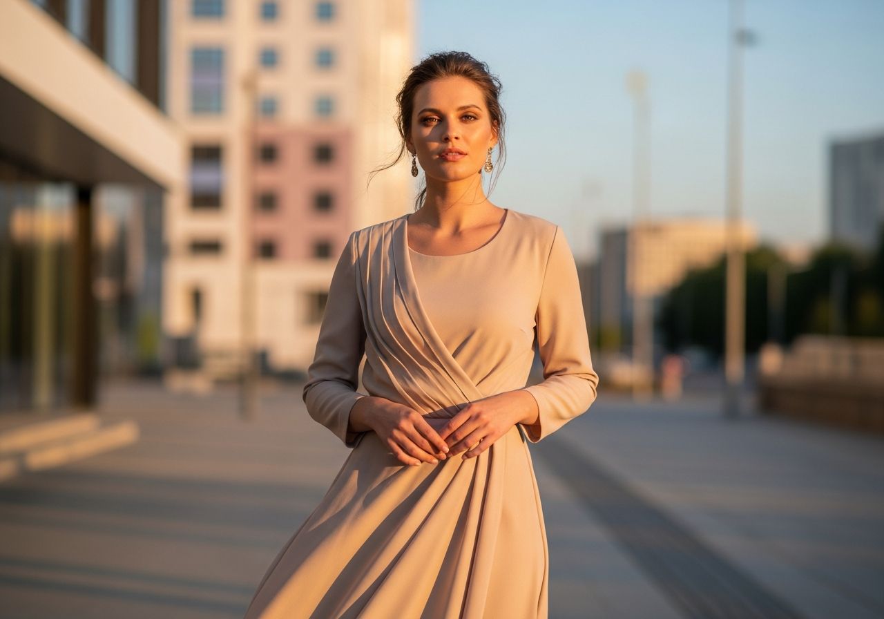 Žena v béžových šatech stojí v městském prostředí za zlaté hodiny s měkkým světlem.