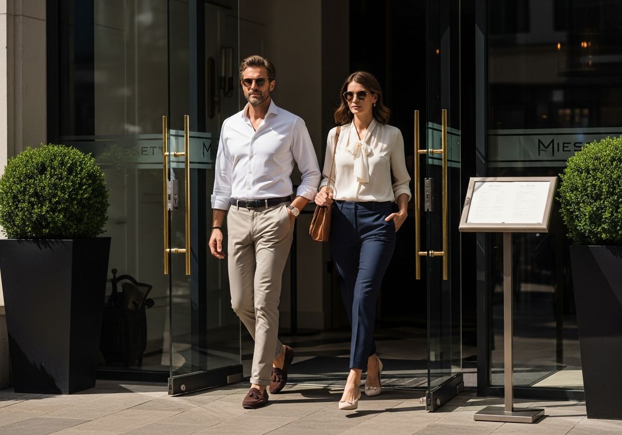 Muž a žena v chytrém casual oblečení vstupují do moderní restaurace za denního světla.