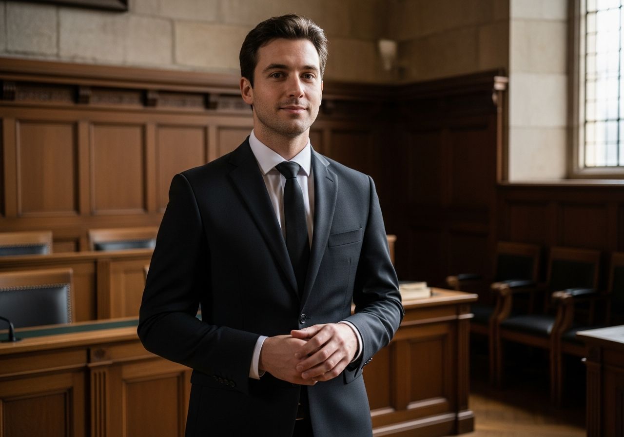 Muž v tmavém obleku stojí v historické soudní síni se dřevěnými obklady a kamennými zdmi.