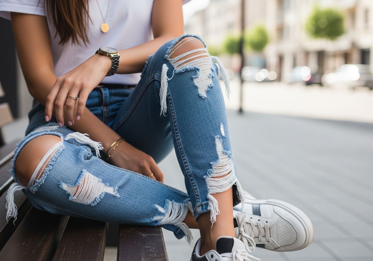 Mladá žena v roztrhaných džínách sedí na městské lavičce s rozmazanou ulicí v pozadí.
