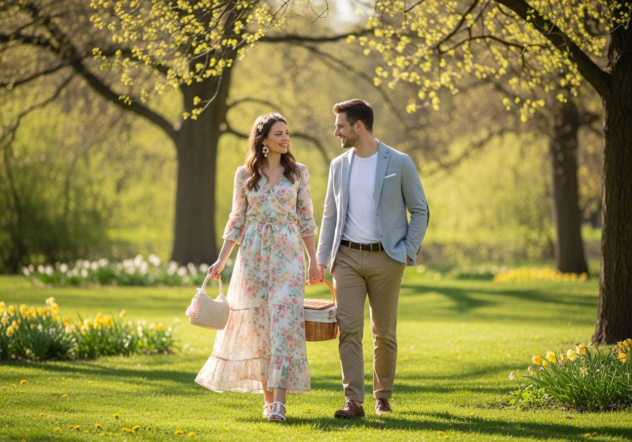 Mladý pár na jarní procházce v parku s piknikovým košem, oblečený v lehkém oblečení.