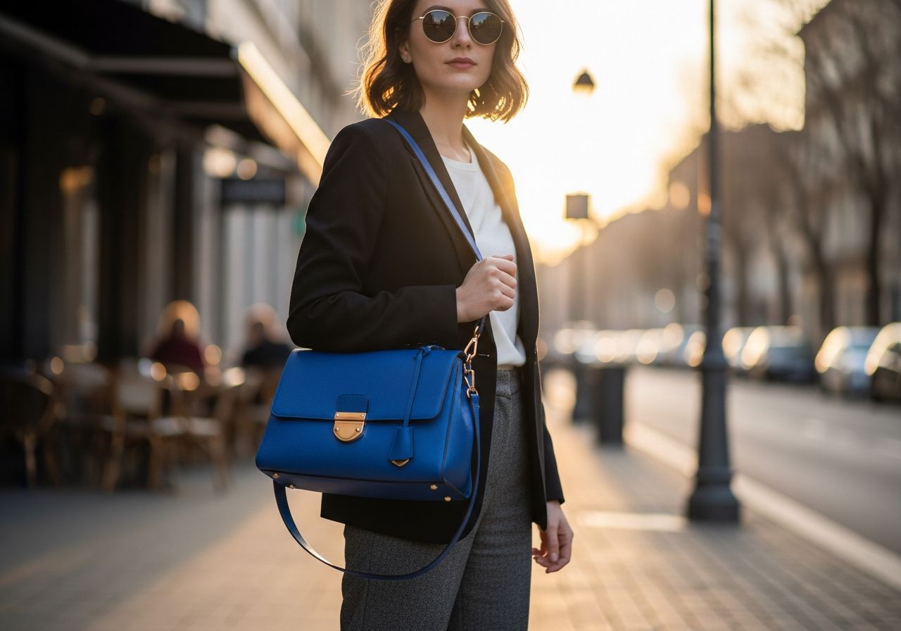 Stylová žena s modrou kabelkou ve městě během zlaté hodiny, přirozené osvětlení, městské pozadí