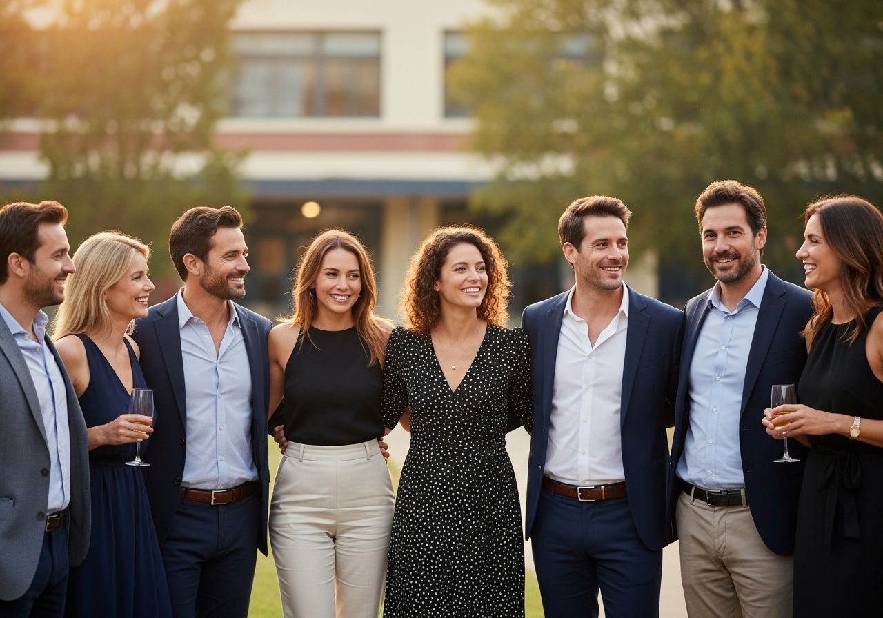 Skupina dospělých na školním setkání stojí venku, usmívají se a povídají si před starou školou.