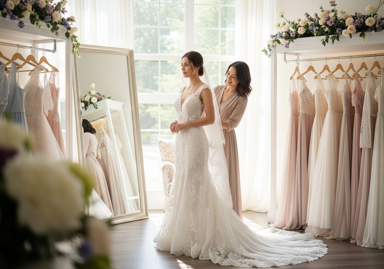 Mladá nevěsta zkouší svatební šaty v butiku, stylistka upravuje střih u zrcadla v přirozeném světle.