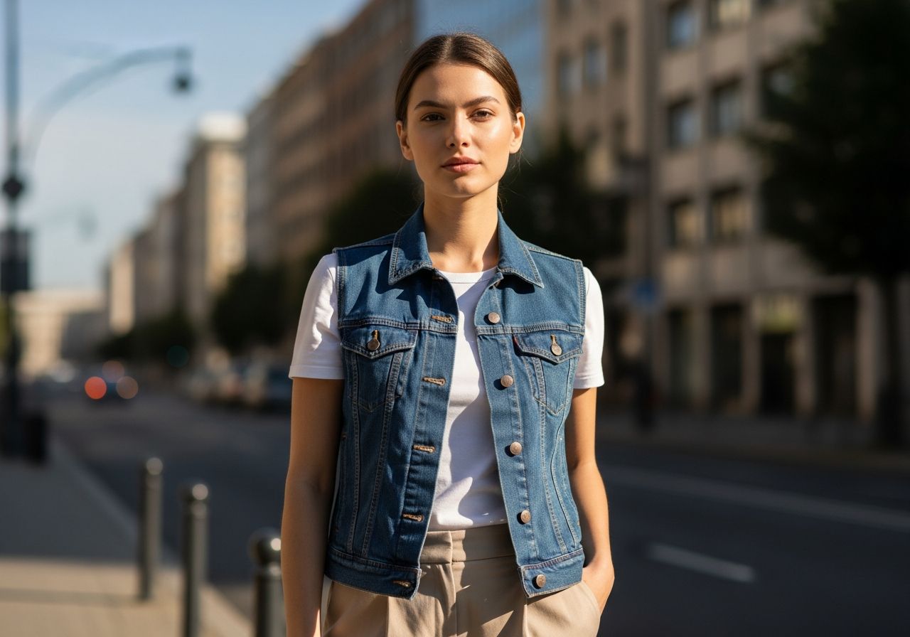 Mladá žena v modré džínové vestě a bílém tričku stojí na slunečné městské ulici.
