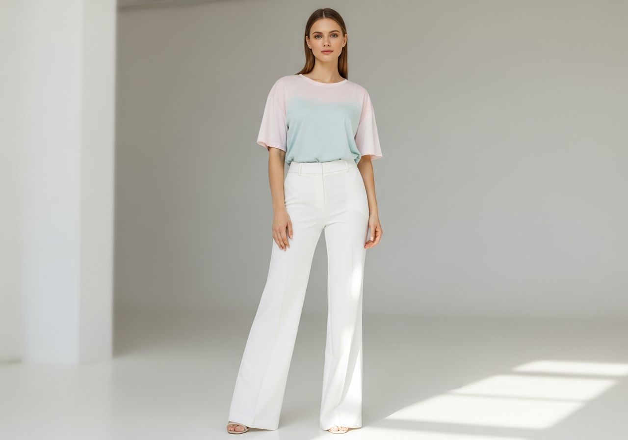 Moderní žena v bílých kalhotách širokých nohavic stojící v osvětleném studiu s neutrálním výrazem