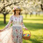 Mladá žena v jarní zahradě s košíkem barevných velikonočních vajíček a květinovým kloboukem