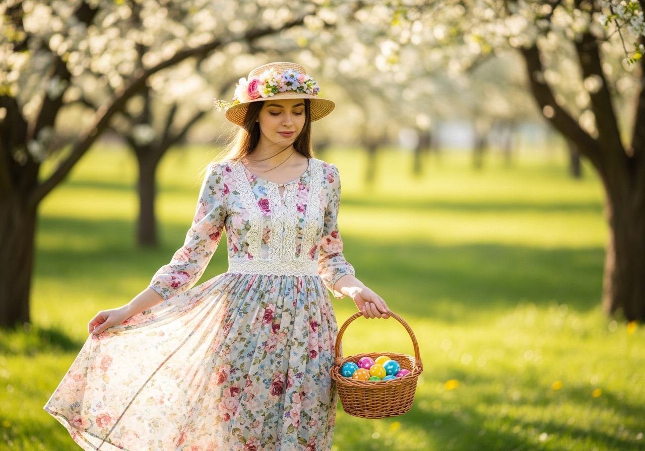 Mladá žena v jarní zahradě s košíkem barevných velikonočních vajíček a květinovým kloboukem