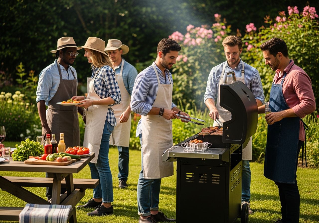 Mladí lidé grilují venku na zahradě u moderního grilu během slunečného dne