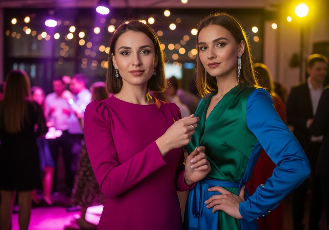 Mladá žena v moderních šatech na živé večírkové akci s rozostřenými hosty v pozadí