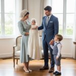 Stylová rodina připravující se na křest v jasném obývacím pokoji s přirozeným světlem.