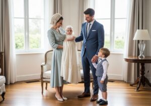 Stylová rodina připravující se na křest v jasném obývacím pokoji s přirozeným světlem.