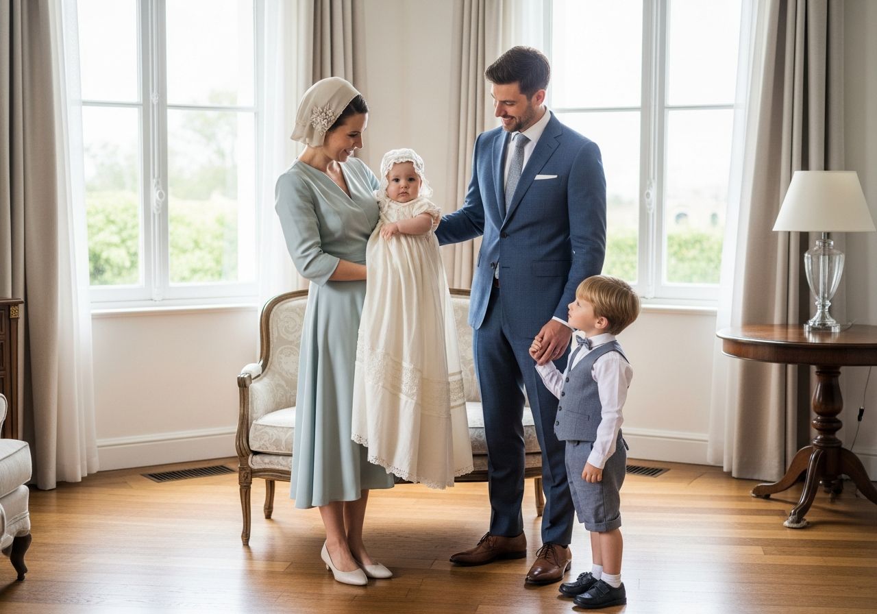 Stylová rodina připravující se na křest v jasném obývacím pokoji s přirozeným světlem.