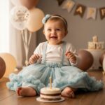 Šťastné batole slaví první narozeniny v pastelovém oblečení u dortu a balónků v útulném interiéru