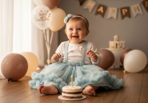 Šťastné batole slaví první narozeniny v pastelovém oblečení u dortu a balónků v útulném interiéru