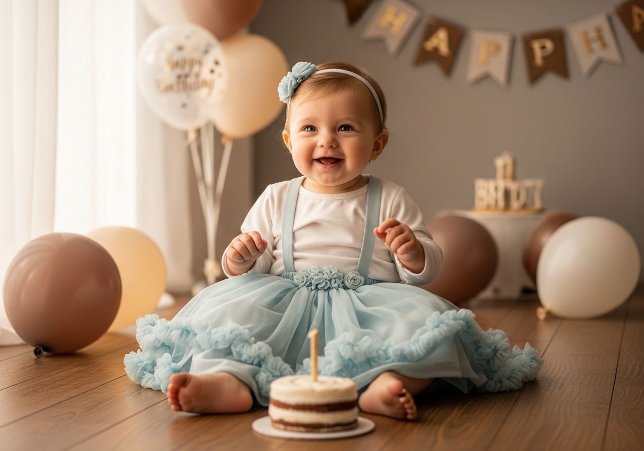Šťastné batole slaví první narozeniny v pastelovém oblečení u dortu a balónků v útulném interiéru