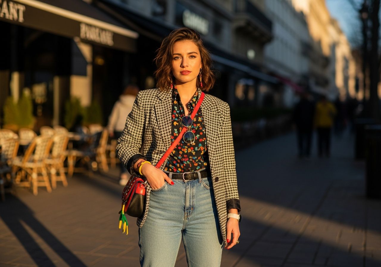 Mladá žena s originálním oblečením stojí ve městě za zlaté hodiny, okolí kaváren a lidí rozmazané.