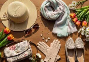 Jarní módní flat lay s kloboukem, šátkem, brýlemi, šperky, rukavicemi, kabelkou a botami na dřevěném stole