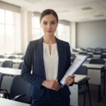 Mladá profesionálka v modrém obleku drží složku ve moderní univerzitní posluchárně s přirozeným světlem