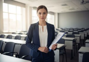 Mladá profesionálka v modrém obleku drží složku ve moderní univerzitní posluchárně s přirozeným světlem