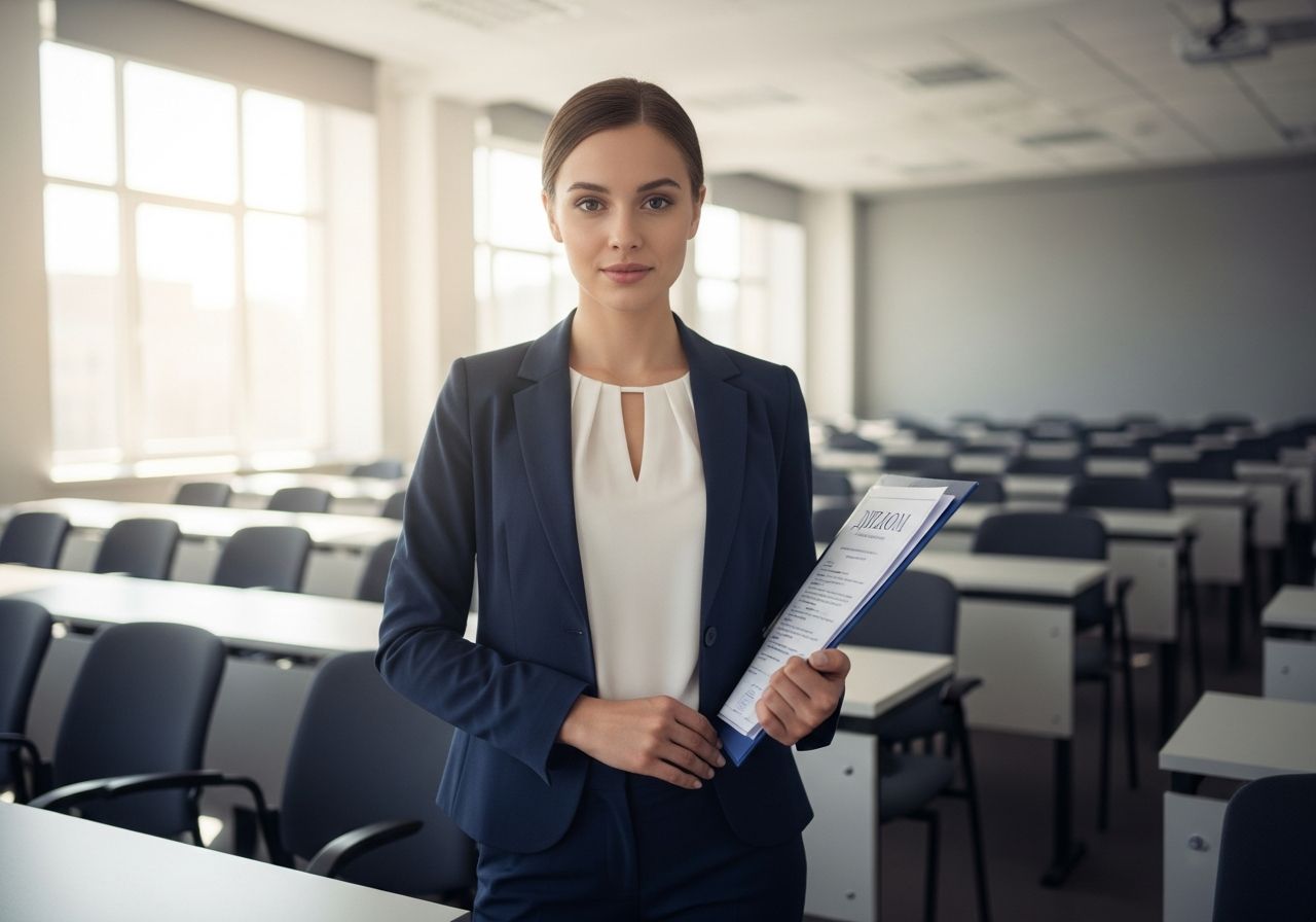 Mladá profesionálka v modrém obleku drží složku ve moderní univerzitní posluchárně s přirozeným světlem