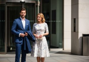 Elegantní pár před moderním občanským úřadem připravený na obřad v denním světle