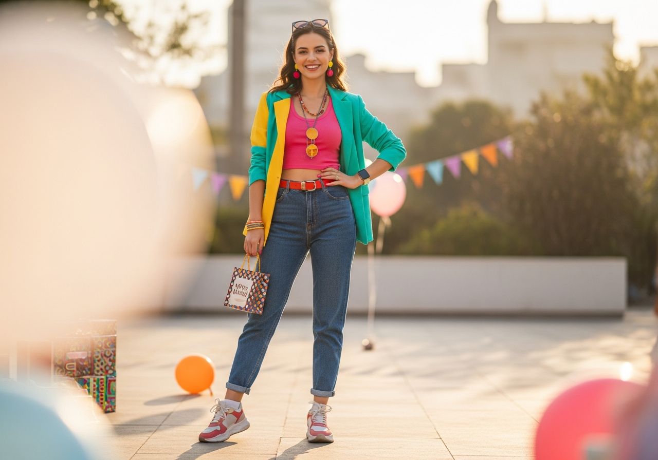 Mladá žena s dárkovou taškou na venkovní oslavě narozenin s balónky v pozadí.