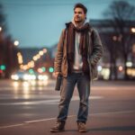 Mladý muž v pohodlném oblečení stojí ve městě večer s lahví vody a šálou kolem krku.