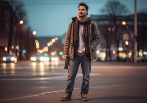 Mladý muž v pohodlném oblečení stojí ve městě večer s lahví vody a šálou kolem krku.