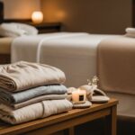 Pohodlné oblečení na dřevěné lavici, masážní stůl s bílým prádlem a svíčka v relaxačním spa pokoji